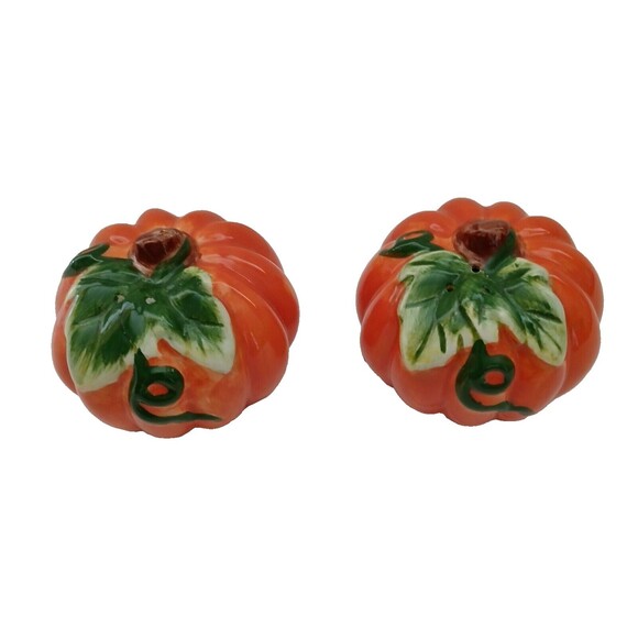 Ceramic Orange Pumpkins Salt & Peeper Shakers Thanksgiving Fall Holiday Decor - Picture 4 of 9